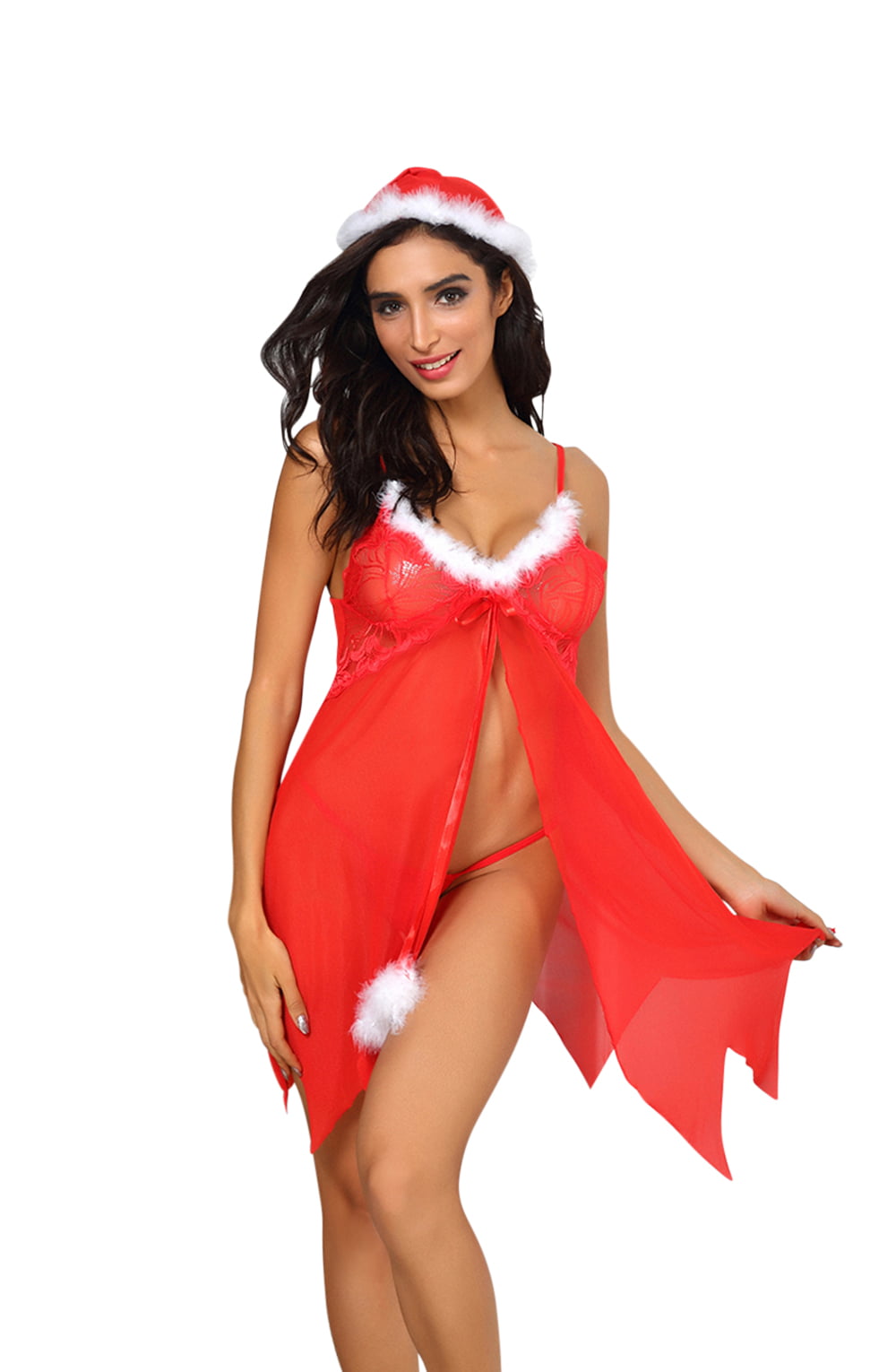 YX pc Red/White Hat, Babydoll & Thong Bedroom Wear Babydolls