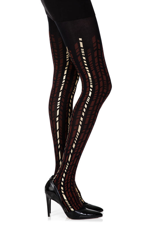 Cross It Burgundy/Gold Print Tights Hosiery Tights