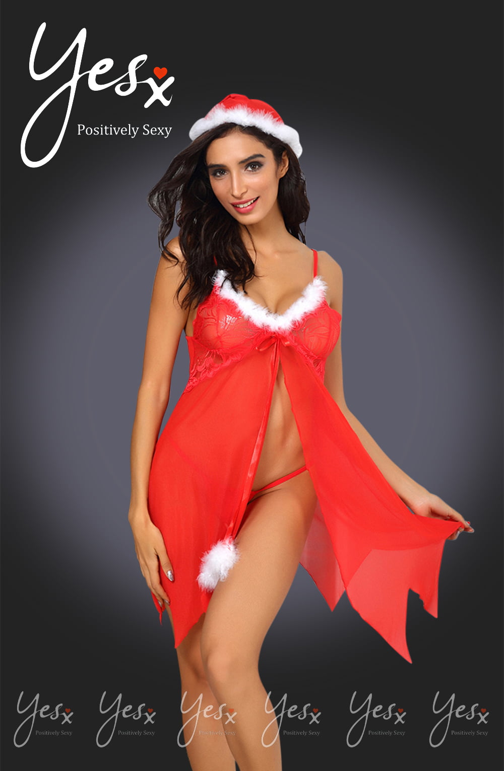 YX pc Red/White Hat, Babydoll & Thong Bedroom Wear Babydolls