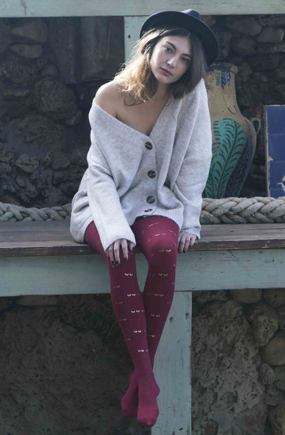 Daydreaming Burgundy Print Tights Hosiery Tights