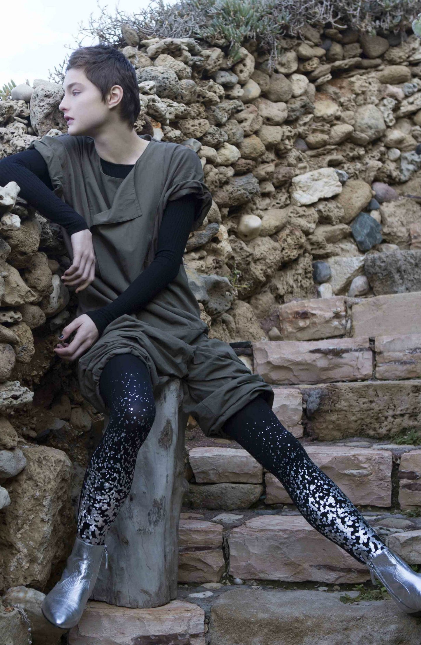Paint It Black Grey Silver Print Tights Hosiery Tights